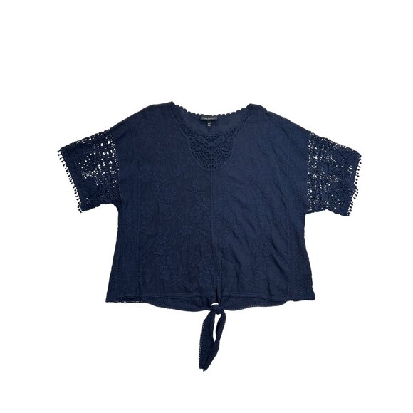 Lane Bryant Blouse Womens 18/20 Plus Blue Navy Tie-Front Embroidered‎ Lace - Picture 1 of 6
